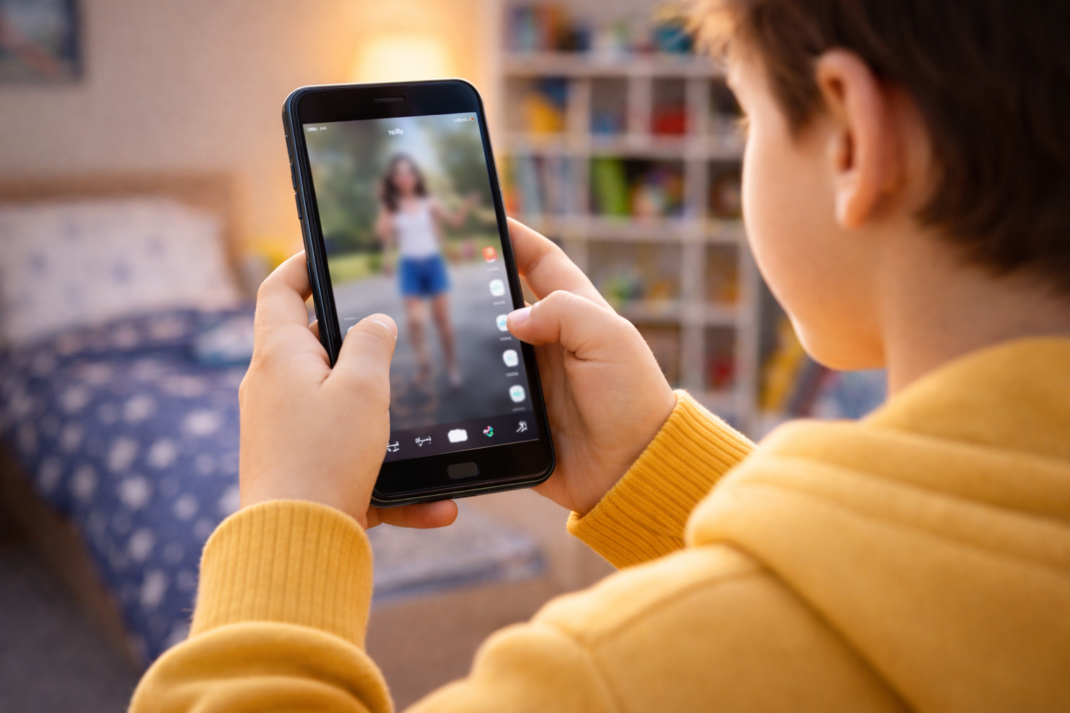 Kind auf TikTok im Schlafzimmer